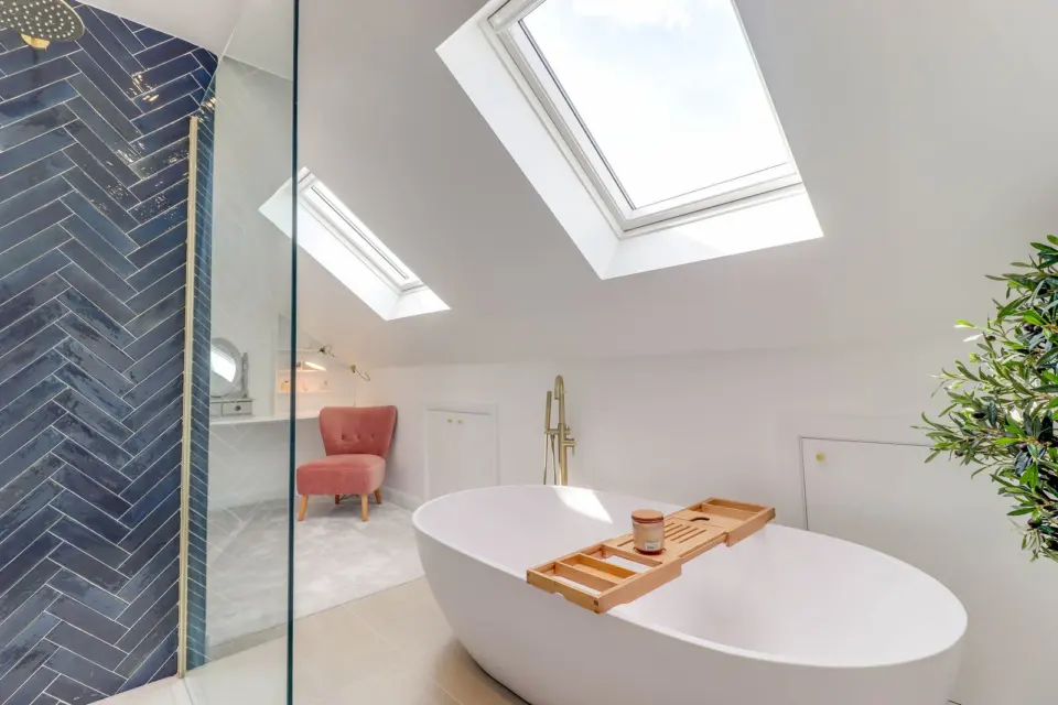 Walk in shower with blue herringbone tiles at Albert Road, Ashford TW15, a Surrey Build Group project