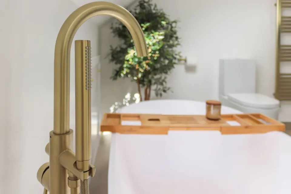 Brass freestanding bath tap at Albert Road, Ashford TW15, a Surrey Build Group project