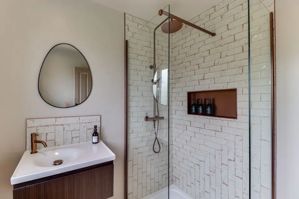 Ensuite with walk in shower at Raeburn, Surbiton KT5, a Surrey Build Group project
