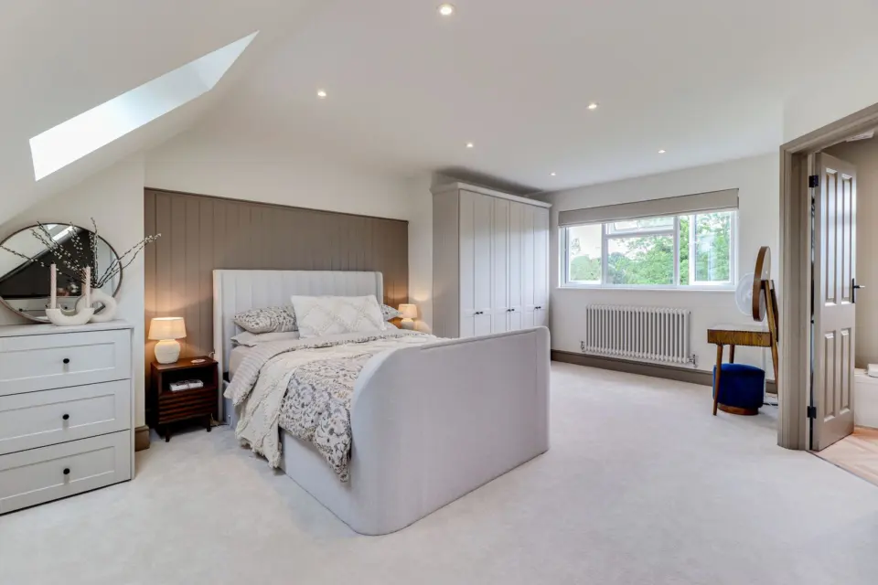 Bedroom beneath the roof window at Raeburn, Surbiton KT5, a Surrey Build Group project