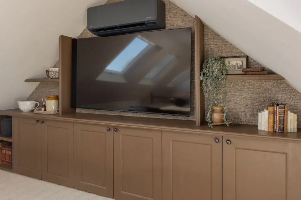 Bespoke cabinetry and media wall at The Bakehouse, Shalford GU4, a Surrey Build Group project